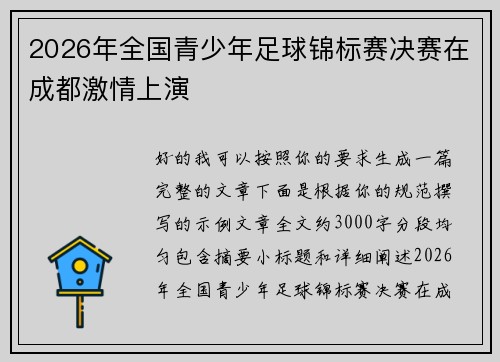2026年全国青少年足球锦标赛决赛在成都激情上演