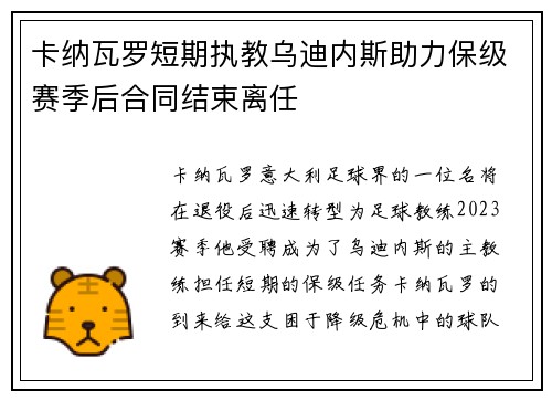 卡纳瓦罗短期执教乌迪内斯助力保级赛季后合同结束离任